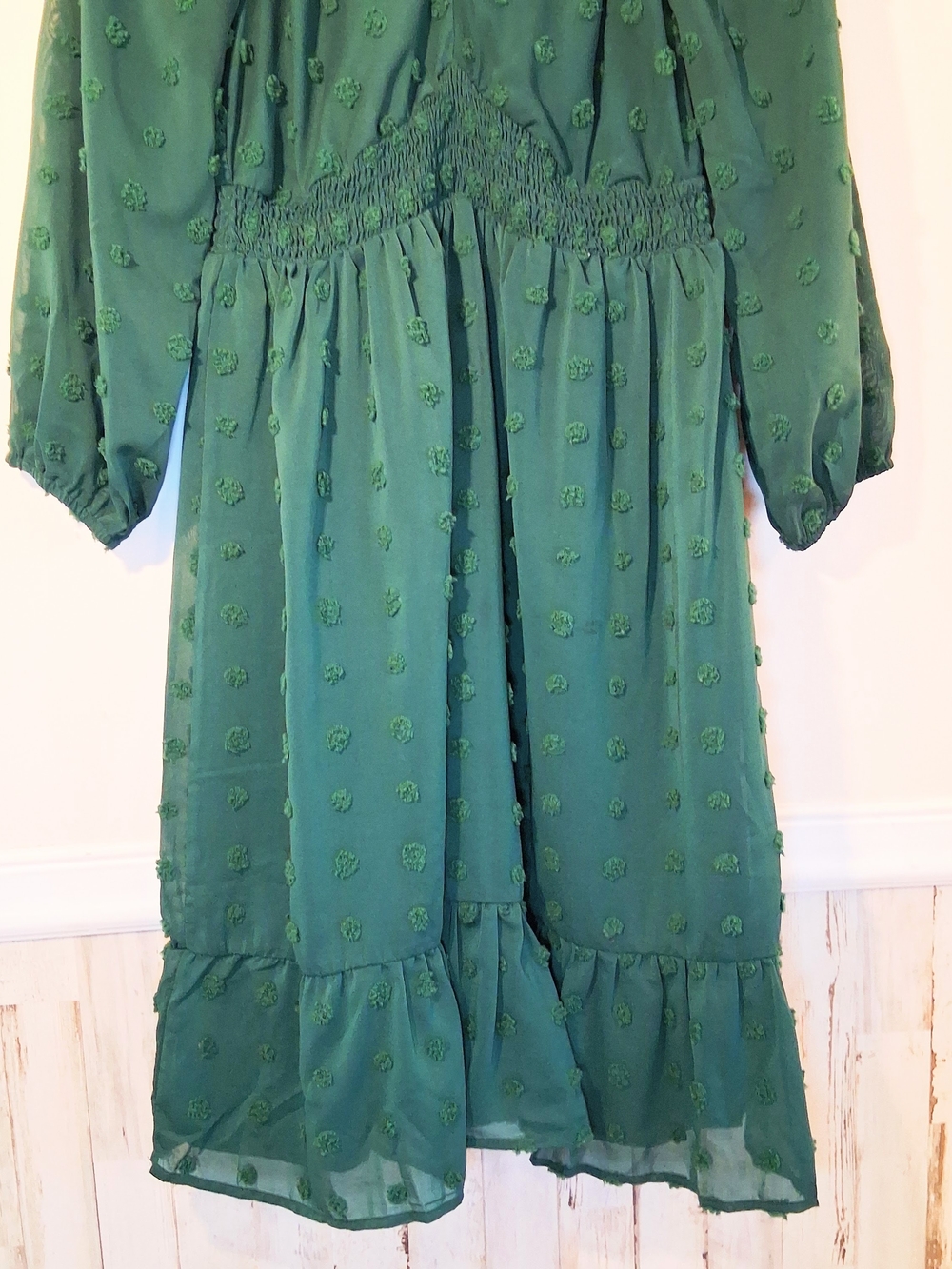 Suzanne Betro Long Sleeve Emerald Green Swiss Dot Midi Dress Size Small - Picture 3 of 7